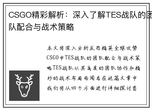 CSGO精彩解析：深入了解TES战队的团队配合与战术策略