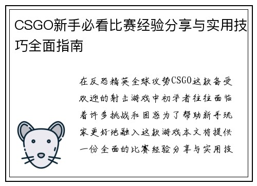 CSGO新手必看比赛经验分享与实用技巧全面指南